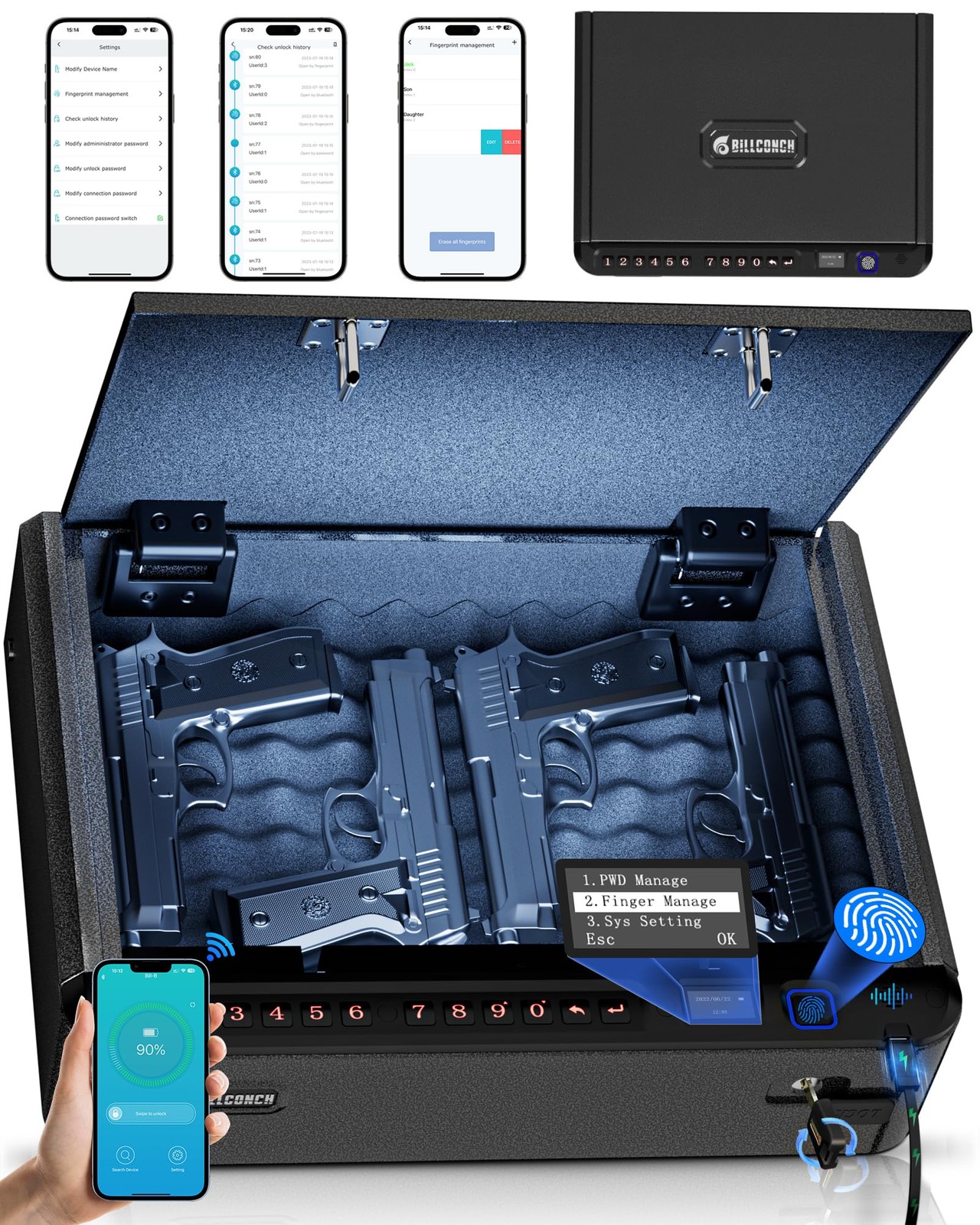 BILLCONCH Smart Gun Safe with Security Cable - Biometric Pistol Large, Black