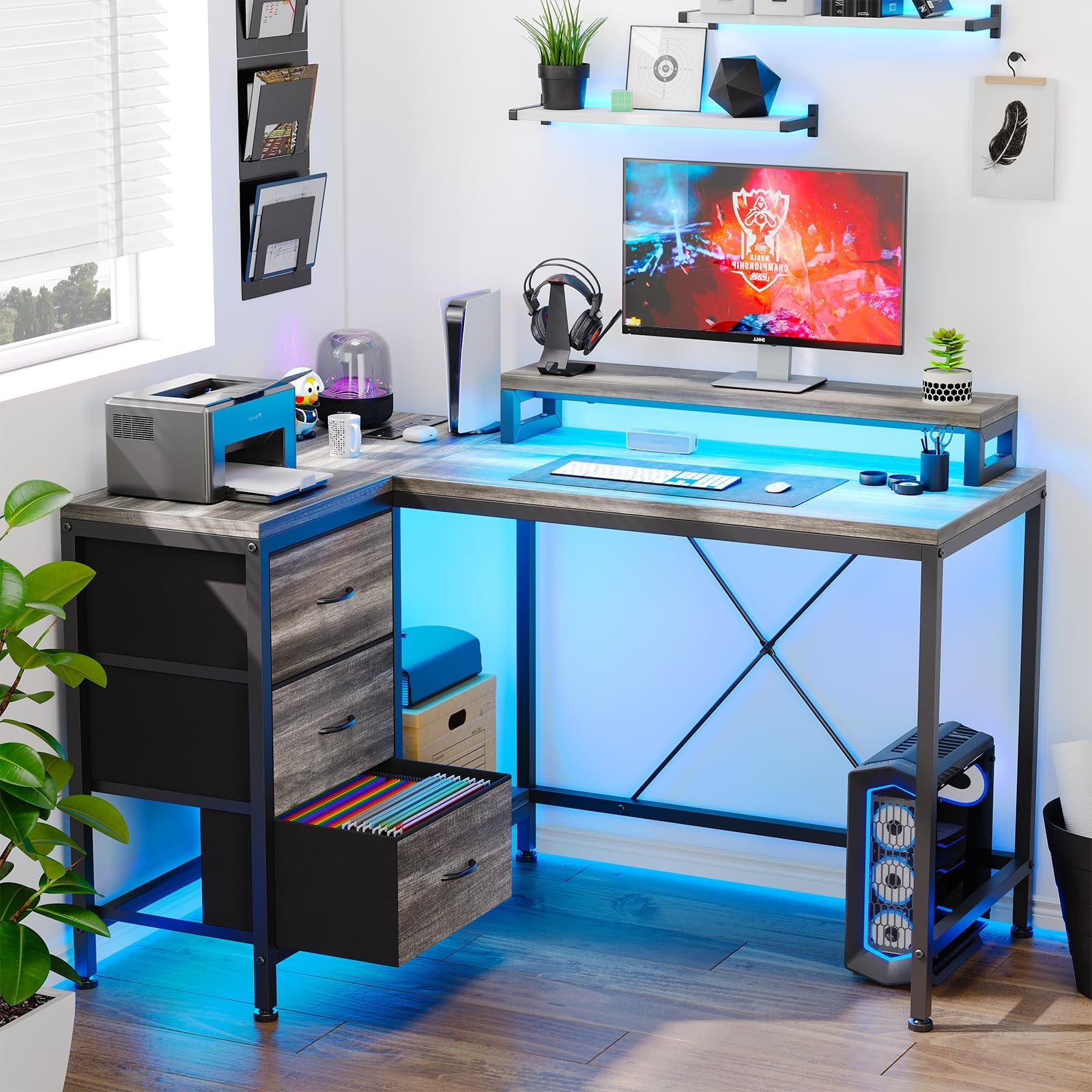Gaming Computer Desk with Power Outlets & LED Light ,Home Office Desk w/ Drawers