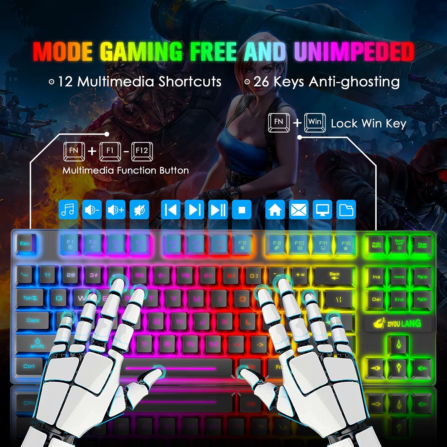 Wireless Gaming Keyboard and Mouse Combo,Rainbow Backlit Rechargeable 3800mAh...