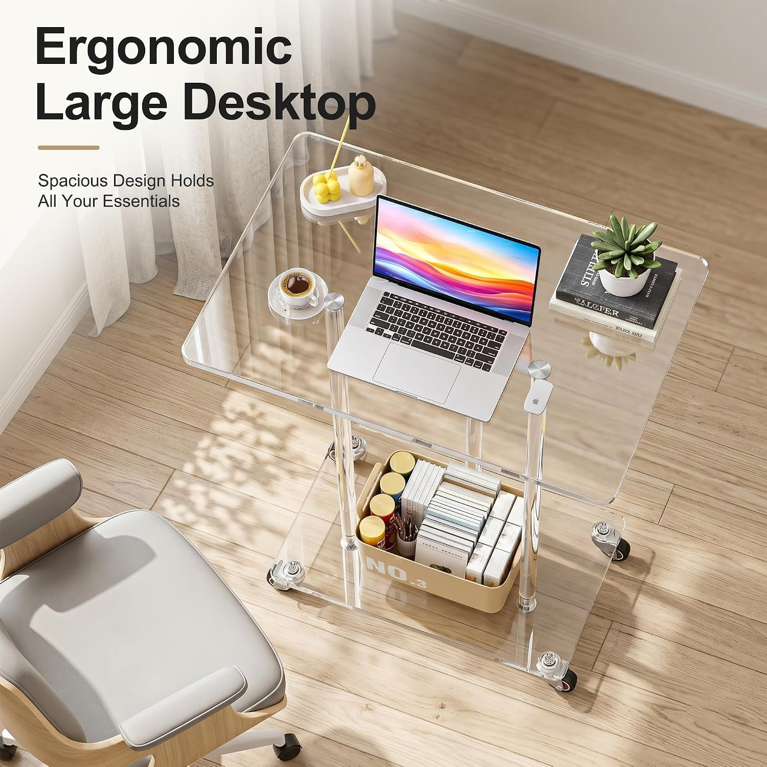Acrylic Mobile Computer Desk, Clear Rolling Laptop Table with Wheels, Modern Tra