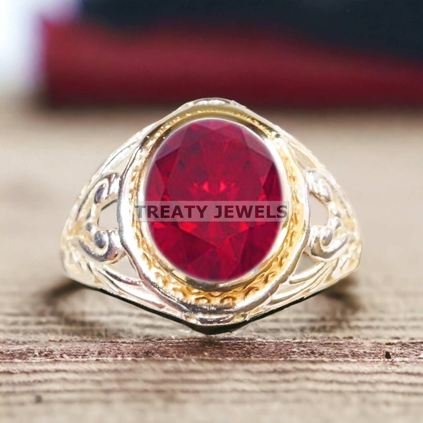 Ruby Oval Cut Gemstone With 14K Solid White Gold Ring For Men's #A519