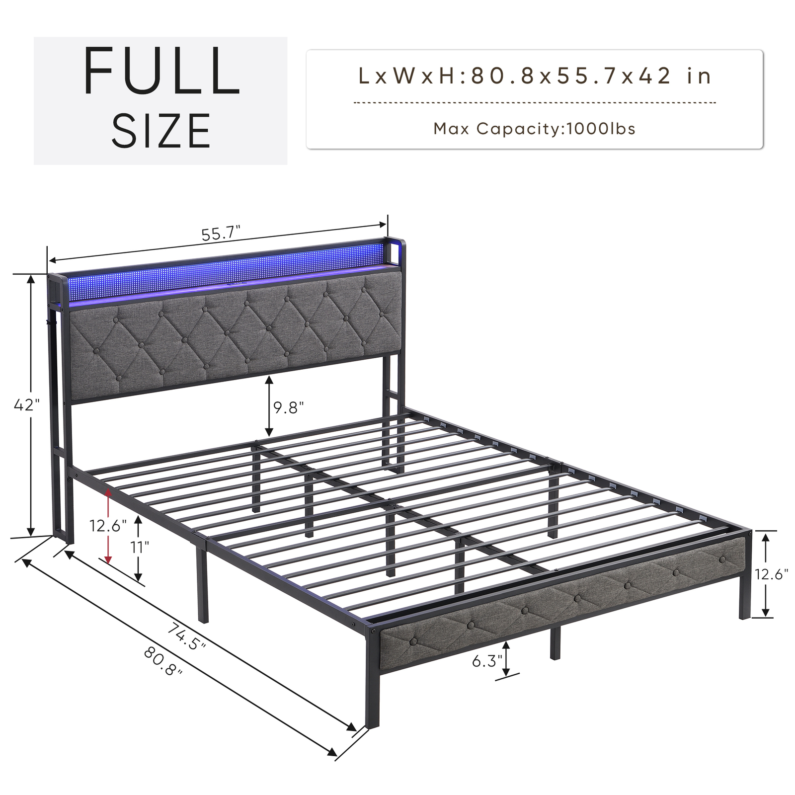 Full/Queen/King Bed Frame with Storage Headboard, Charging Station LED Lights,