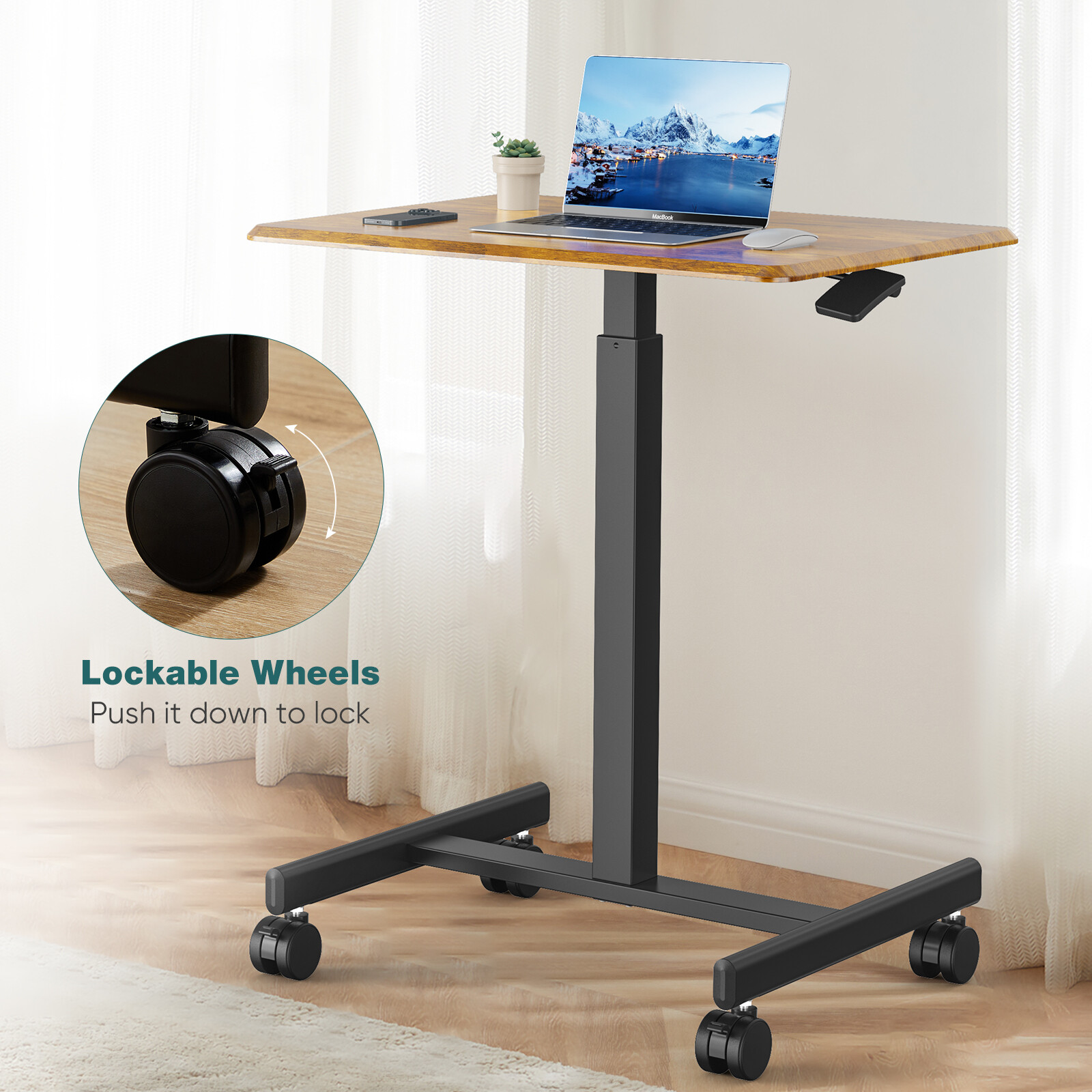 Mobile Small Standing Portable Rolling Laptop Sit Stand Desk with Lockable Wheel