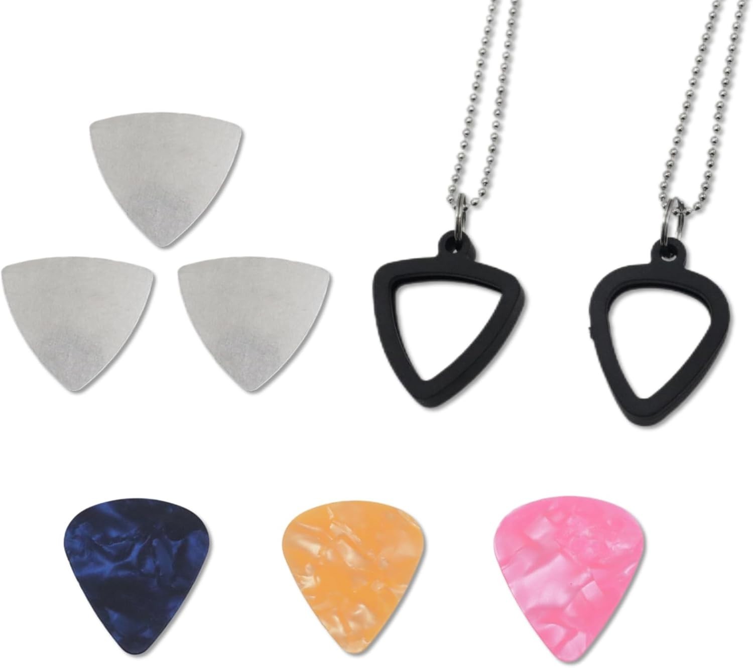 2-Pack Rubber Guitar Pick Holder Necklace, Stainless Steel & Celluloid Picks NEW