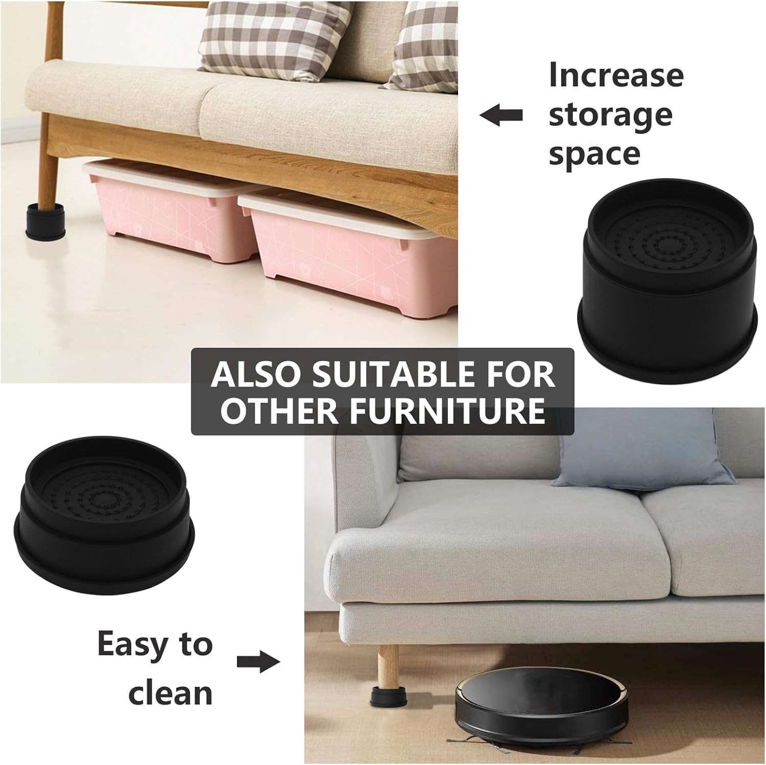 4 Sets Furniture Risers 2 inch Black Bed Risers, Heavy Duty Round Stackable Bed