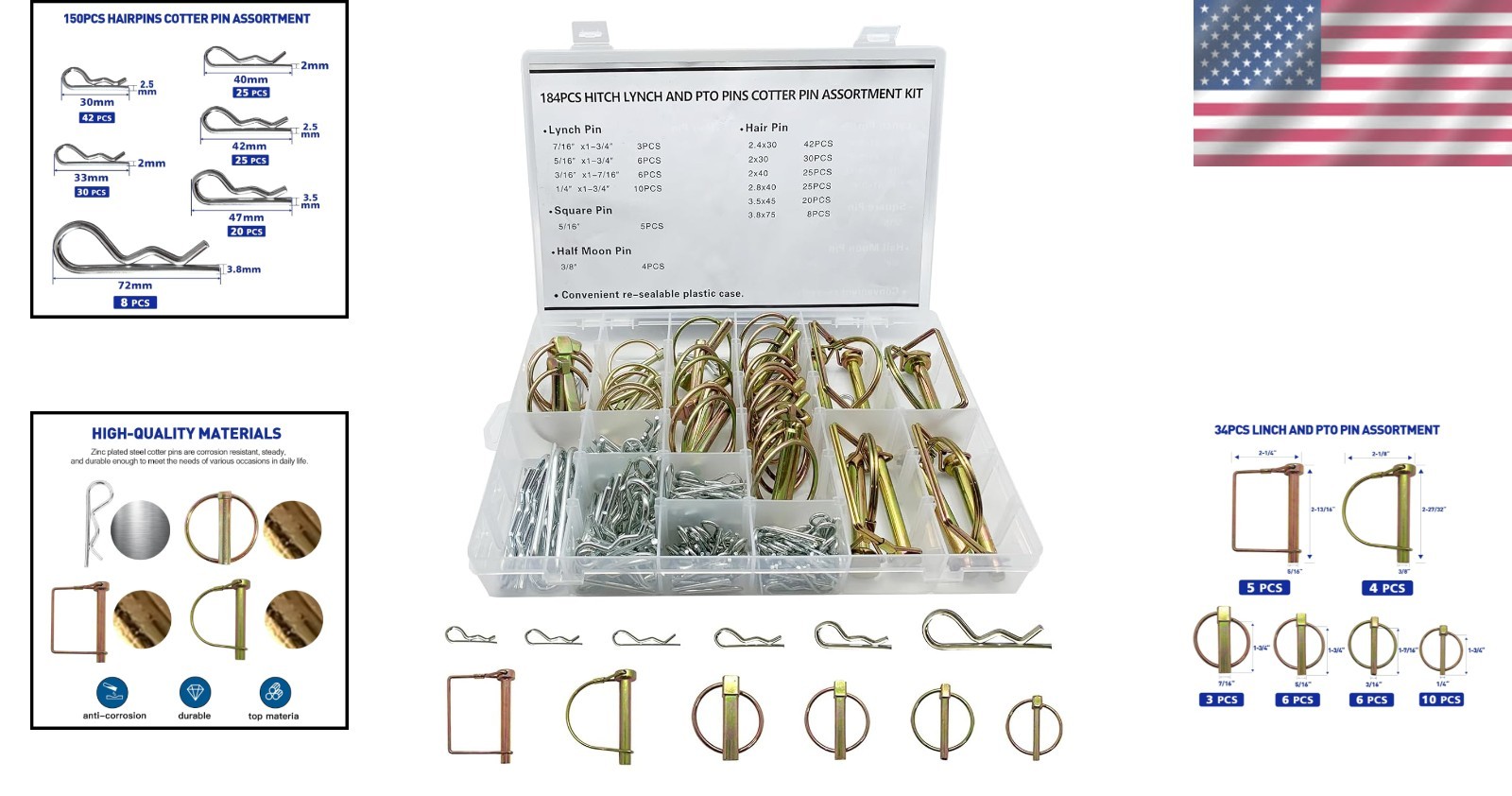 Rust-Resistant Cotter Pin Collection - 184pcs