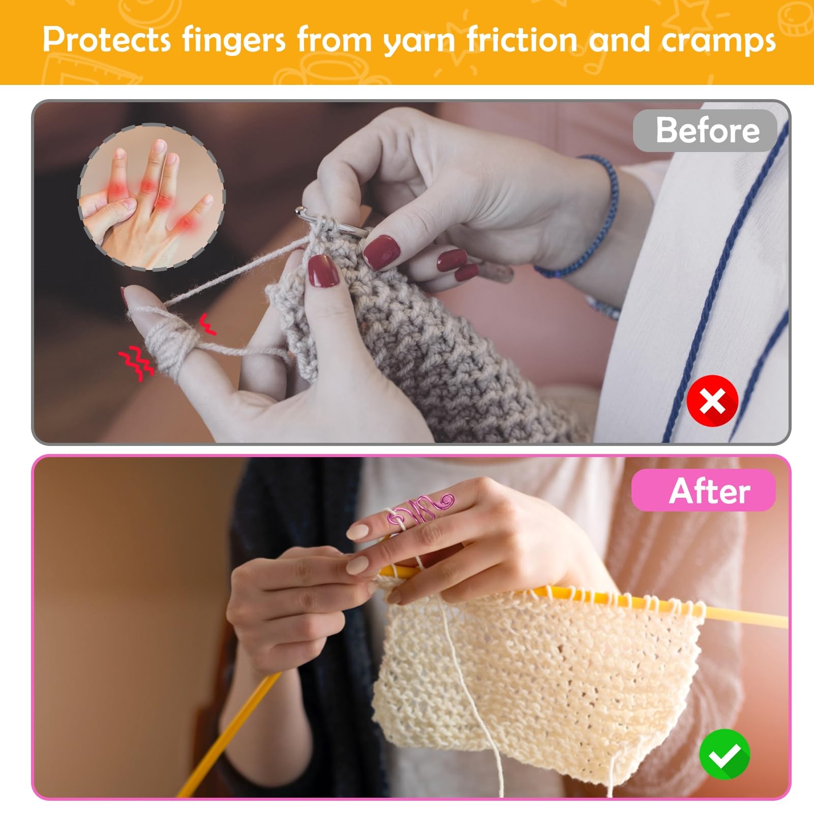 Vodolo Crochet Ring,2PCS Gold Adjustable Yarn Tension Ring Adjustable,