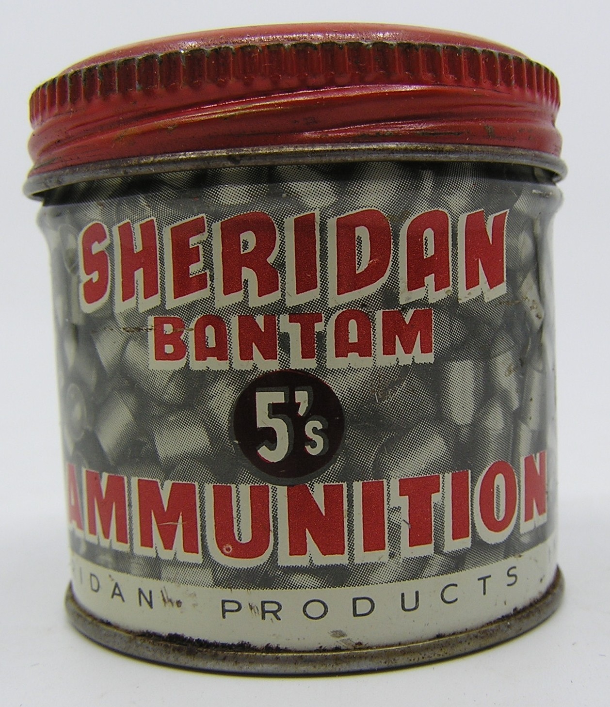 Vintage Sheridan BANTAM  5's Pellet Tin 5mm 20 cal Brown Advertising w/Pellets