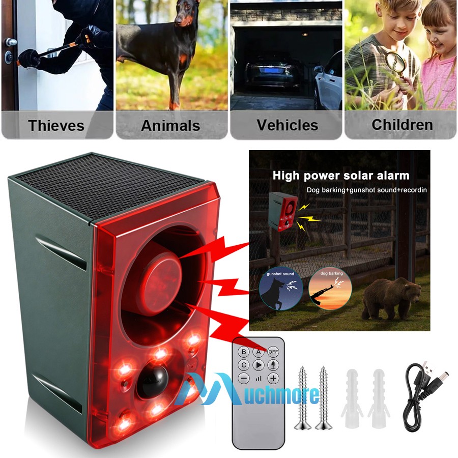 Solar&USB Motion Sensor Alarm w/ Remote, 130db Sound Light Alarm Animal Repeller
