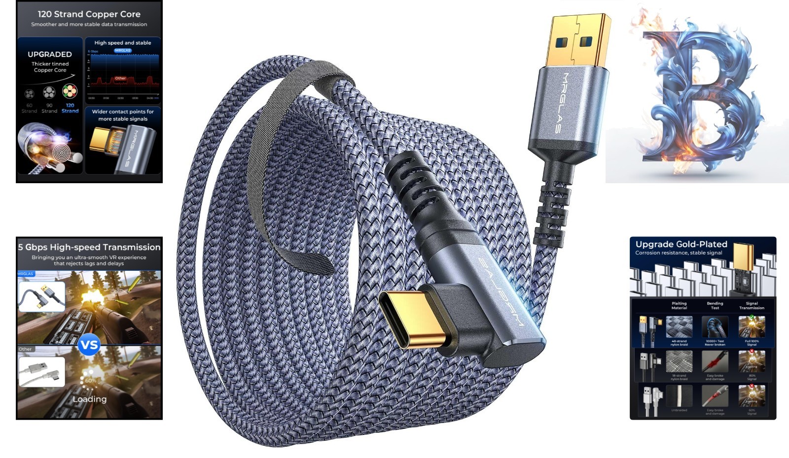 16 FT High-Speed VR Link Cable with Right Angle Design - Compatible with Oculus