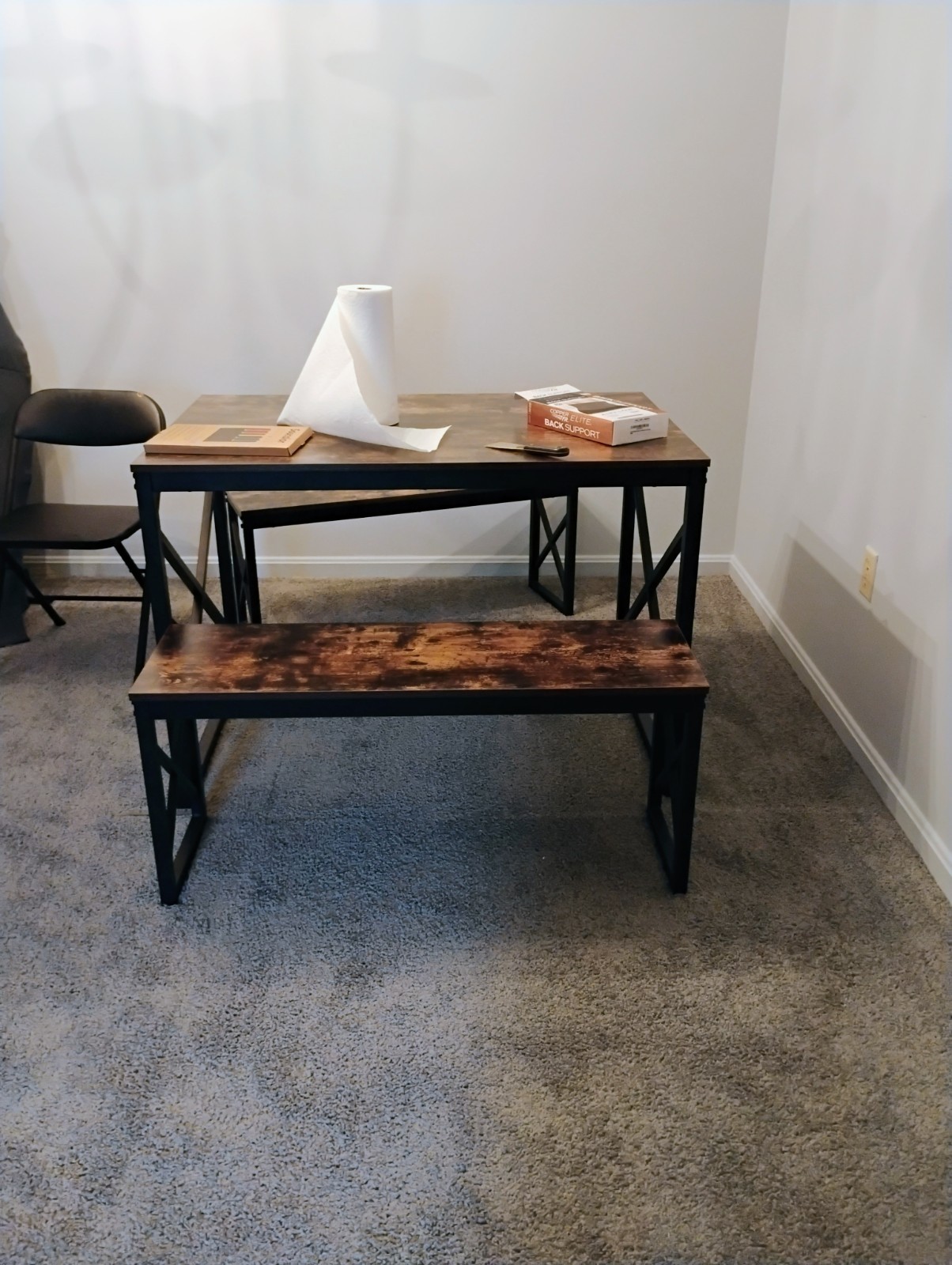 Wood and Metal Dining Table Set, Rectangular, Brown/Black, Bench & Chair, Modern