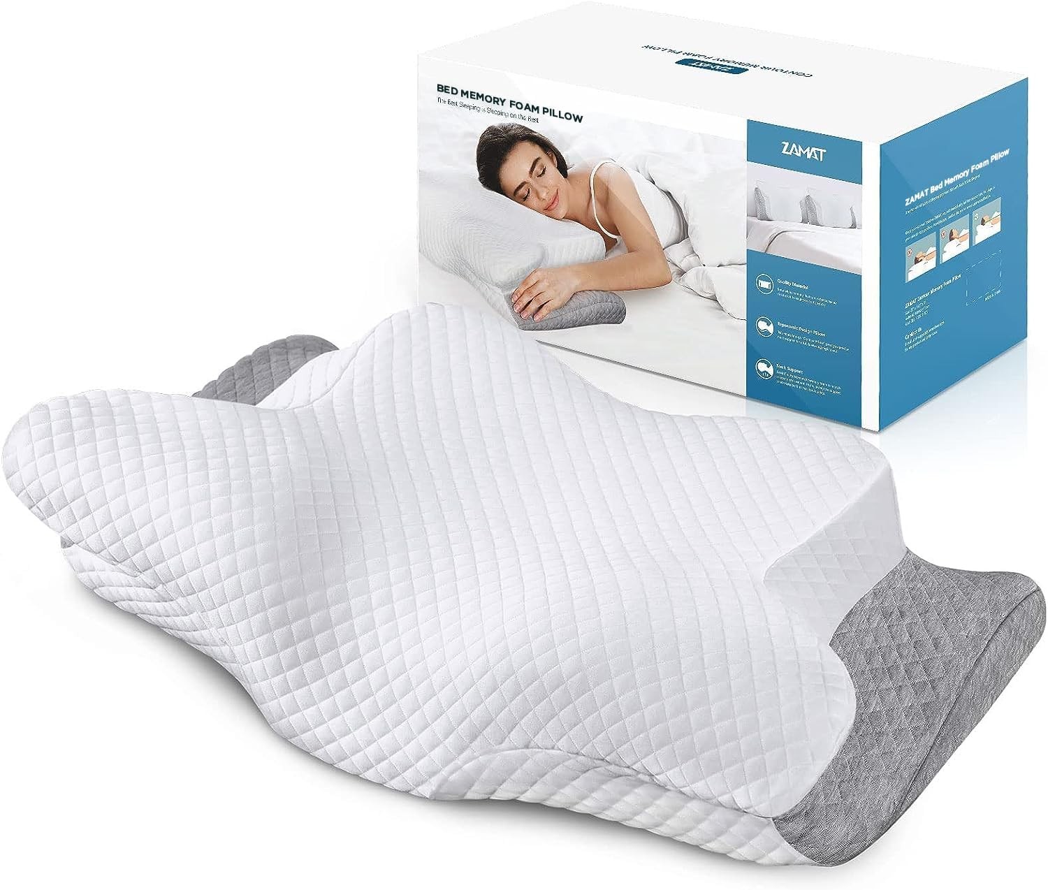 ZAMAT Adjustable Cervical Memory 24 x 14 x 3.74 inches, White and Light Grey