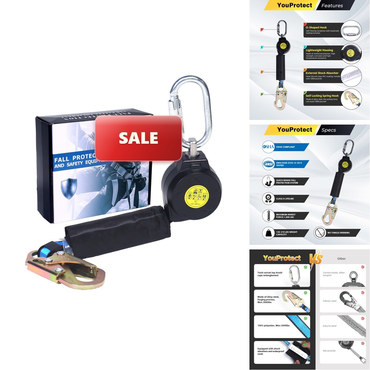 YouProtect 6FT Self Retracting Lifeline Fall Protection Retractable Lanyard