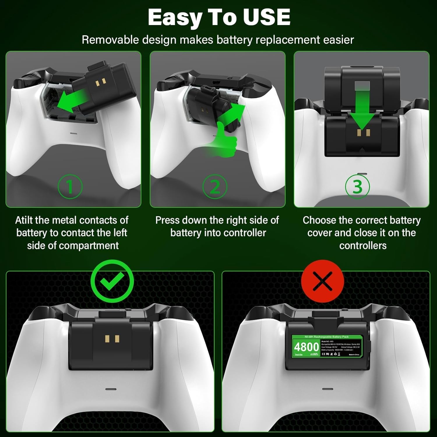 Rechargeable Controller Battery Pack for Xbox,2x4800mWh2000mAh Batteries Pack...