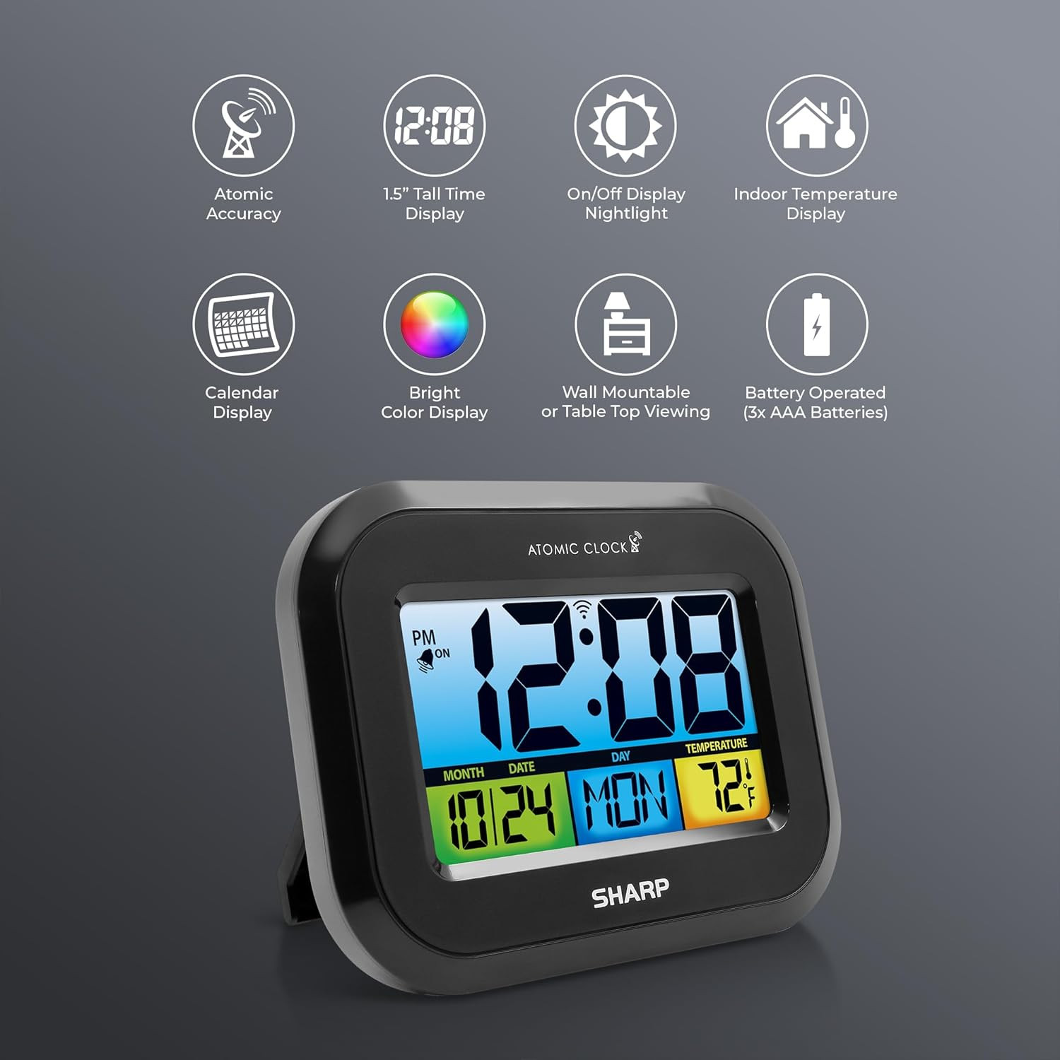 Digital Atomic Alarm Clock with LCD Display – Always-On Backlight Option, Adjust