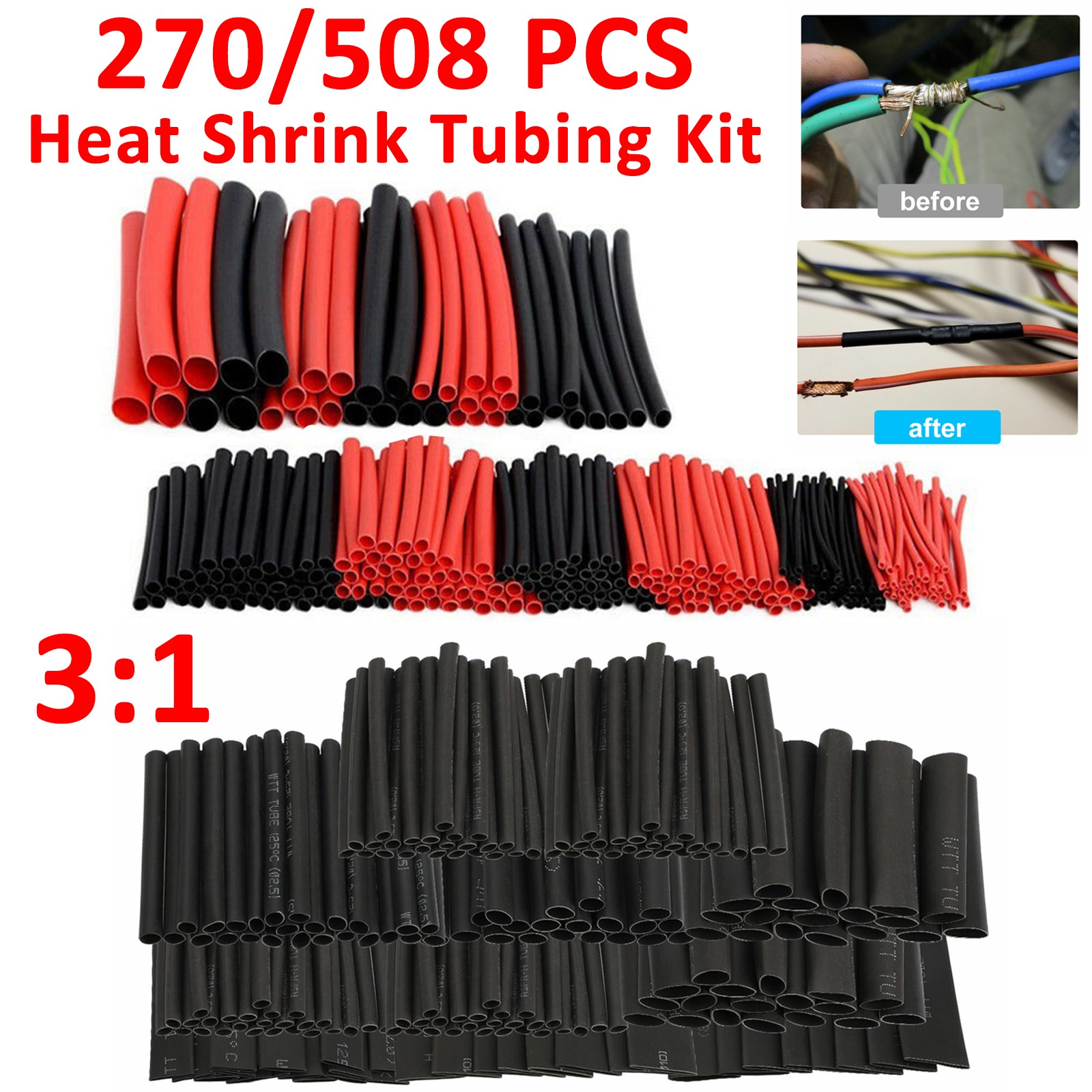 508Pcs Heat Shrink Tubing Insulation Shrinkable Tube 3:1 Wire Cable Sleeve Kit