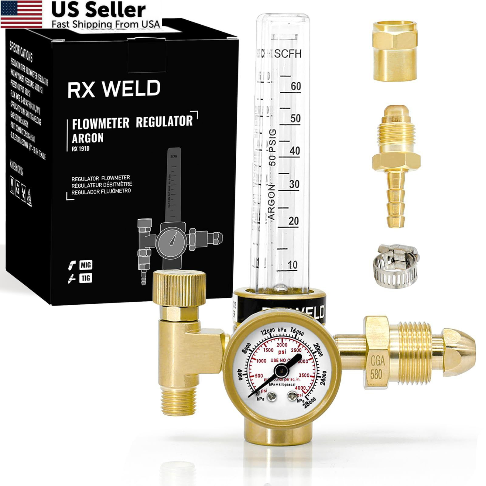 RX WELD Argon Regulator Flowmeter Gas Gauge for Mig Tig Weld