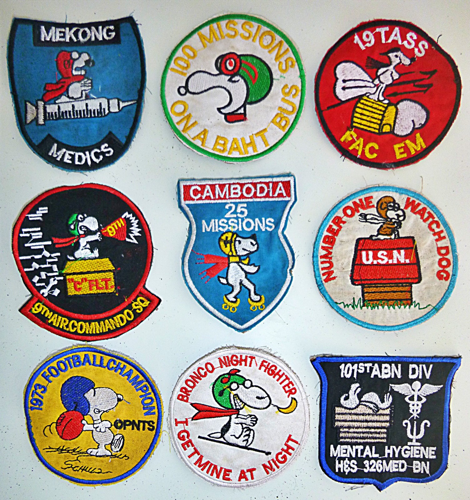 Lot of 9 Snoopy Patch, Bronco Night Fighter, Mekong Medic, Vietnam War - S/9-2