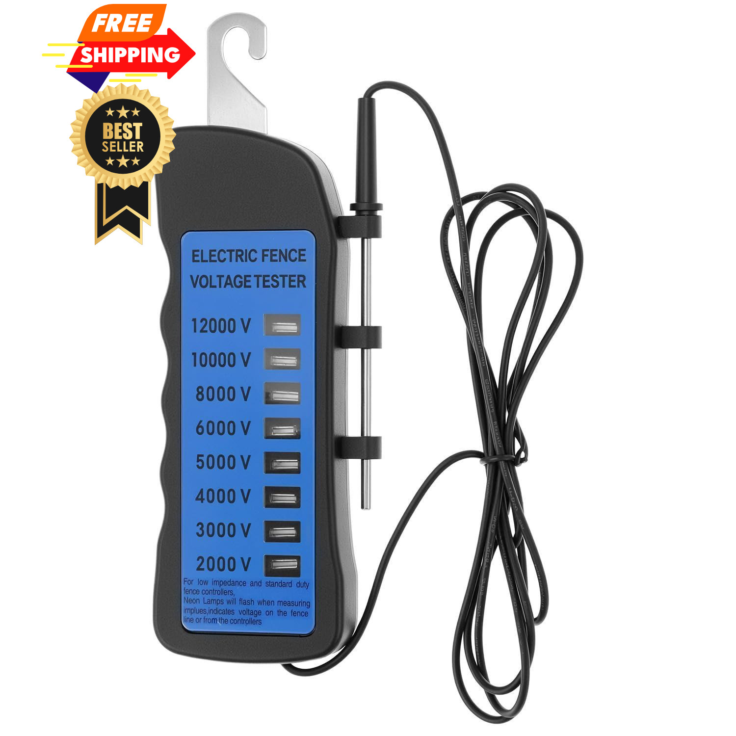 QWORK Electric Fence Voltage Tester, 12KV 8 Neon Lights Black