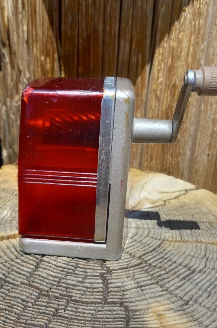 Vtg. Bostonette pencil sharpener ruby red translucent wall/desk mount Hunt Mfg.