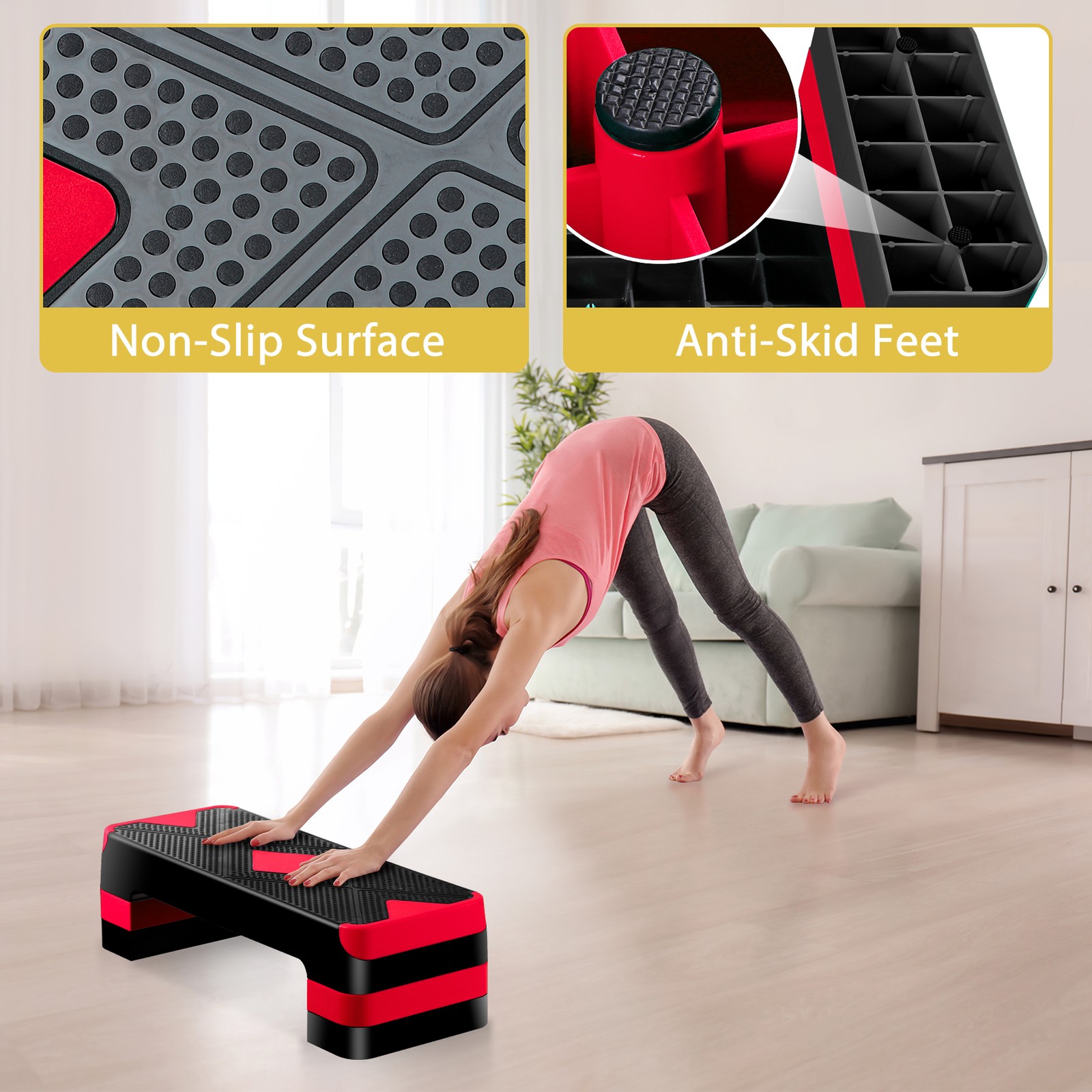 Aerobic Step Platform Exercise Step Adjustable Height 4"-6''-8' w/4 Risers Red