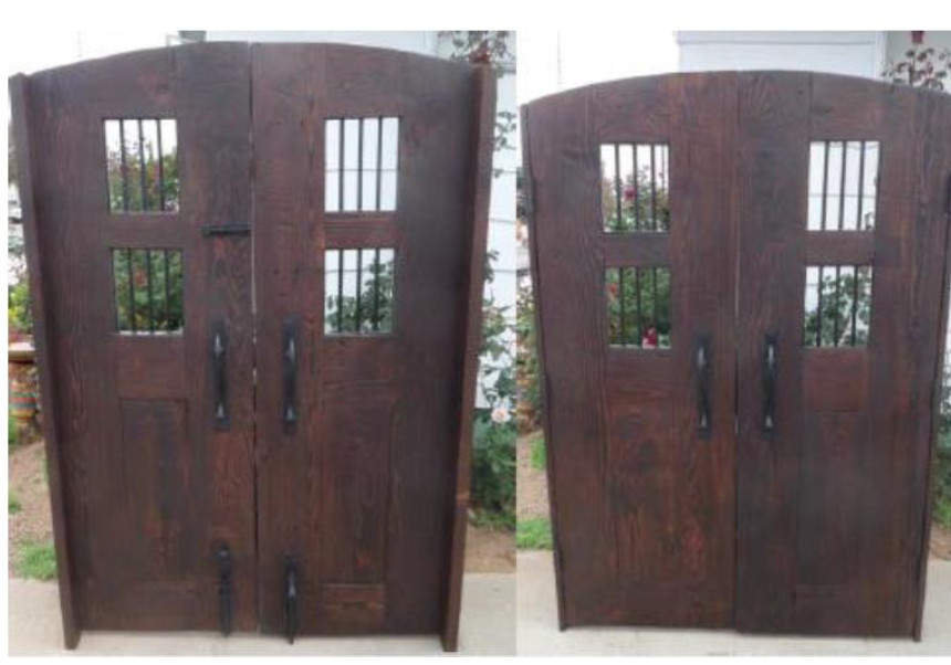 Solid reclaimed lumber + wrought iron pedestrian gate w/side jambs custom URSIZE