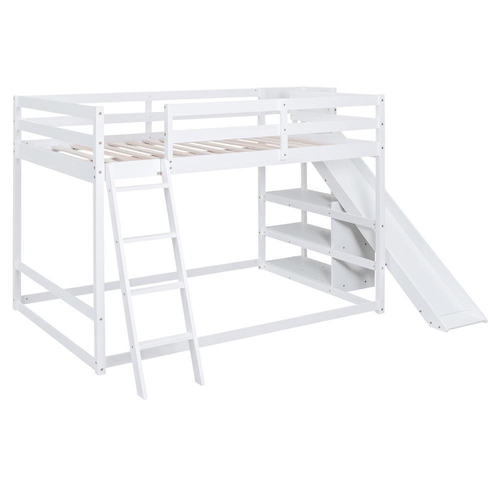 New Practical Modern Full over Full Bunk Bed with Ladder Slide and Shelves
