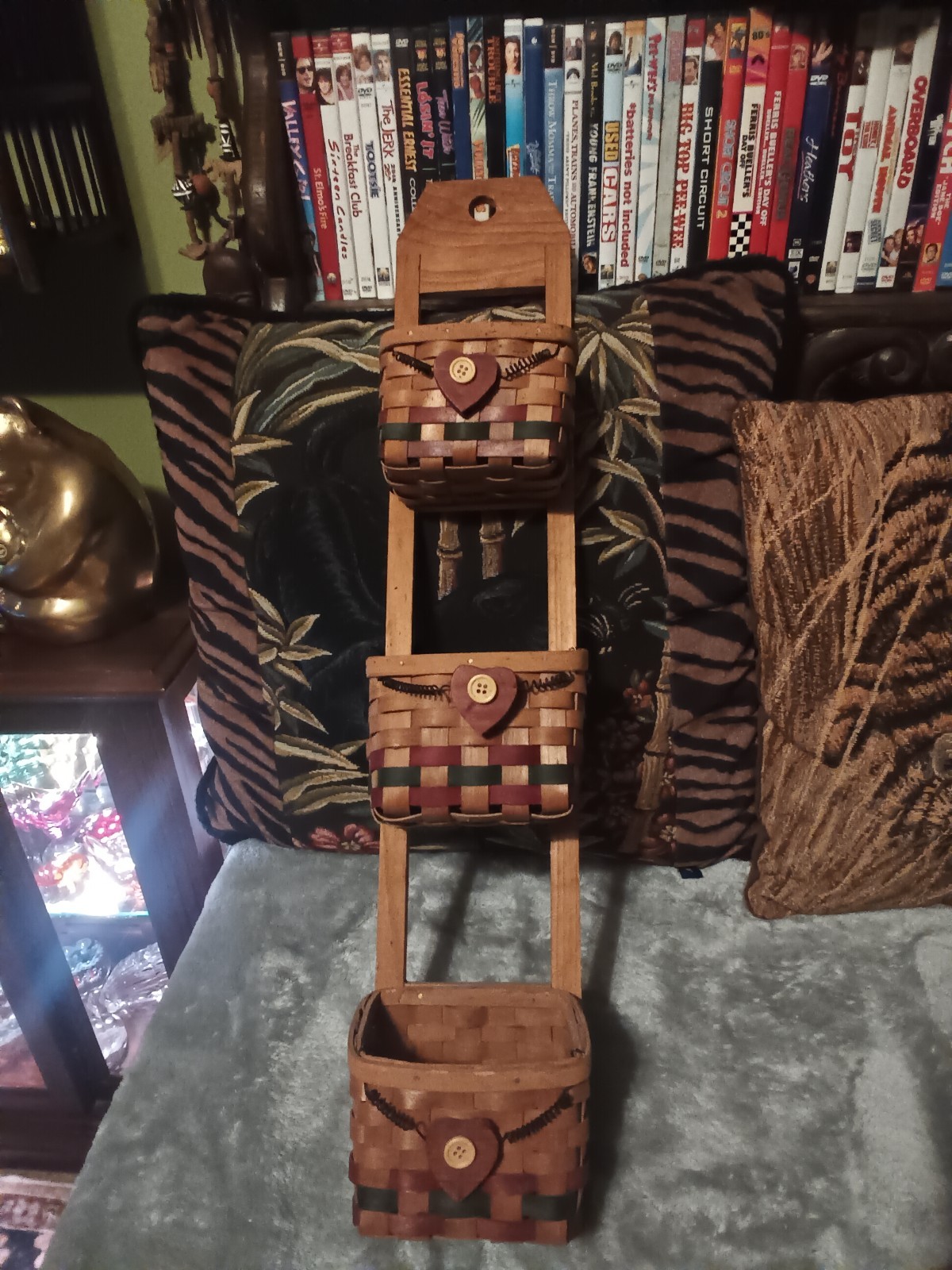 Triple wicker and wood basket,skinny tall design,country decor style look.