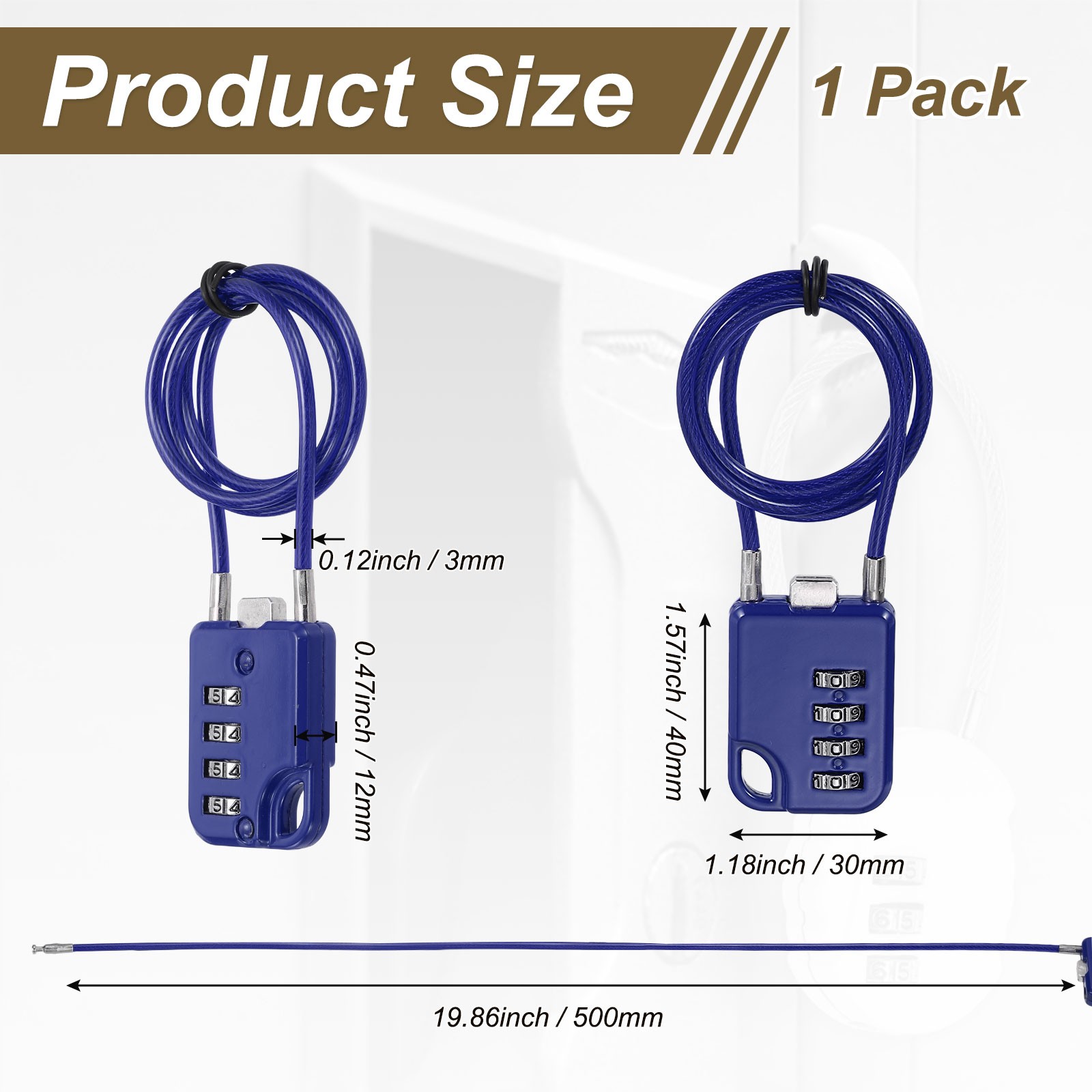 1-Pack Combination Padlock, 4 Digit 20 in Cable Luggage Lock [Blue]