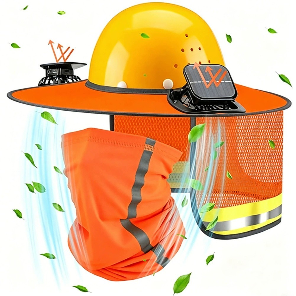 Sun Shade for Hard Hat with Full Brim Mesh Cape and Dual USB/Solar Fans