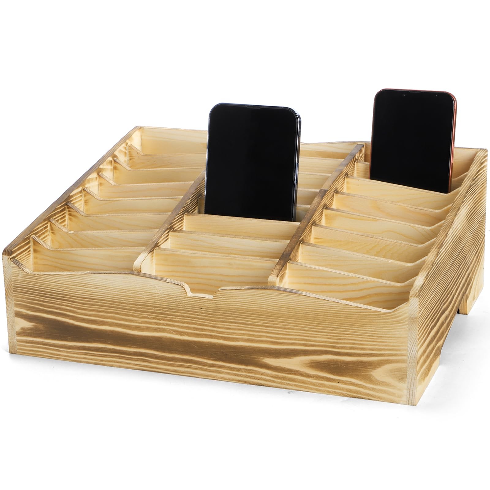 24 Grid Wooden Cell Phones Storage Box, Desktop Mobile Phone Holder Caddy, Mu...