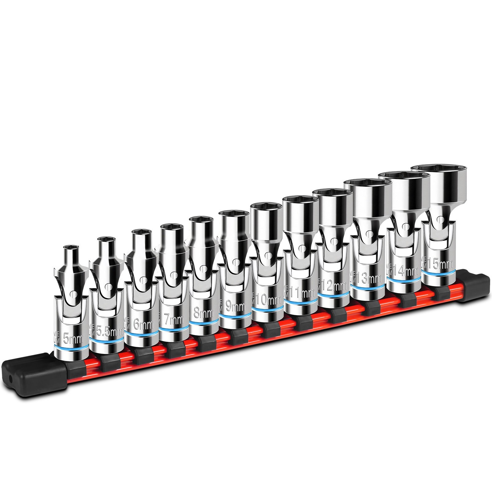 12 Pcs 1/4" Drive Universal Flex Socket Set, 6-Point Metric (5-15mm)Swivel Joint