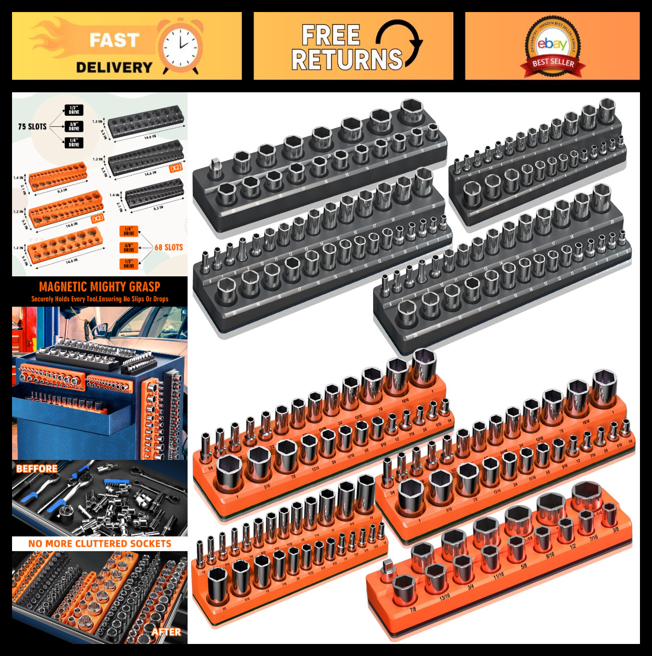 Magnetic Socket Organizer Set - 8-Piece Tool Holders for 1/4", 3/8", 1/2" Drive,