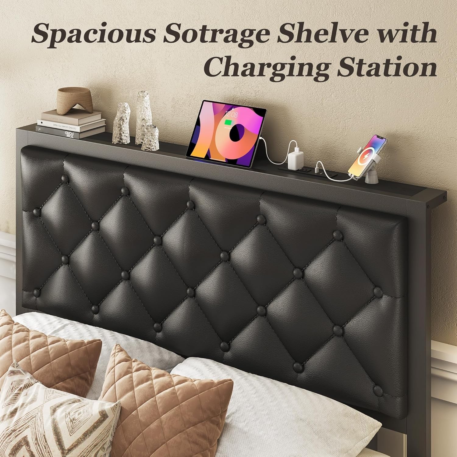 Twin Button Tufted Bed Frame Storage Drawer Upholstered Headboard Charging