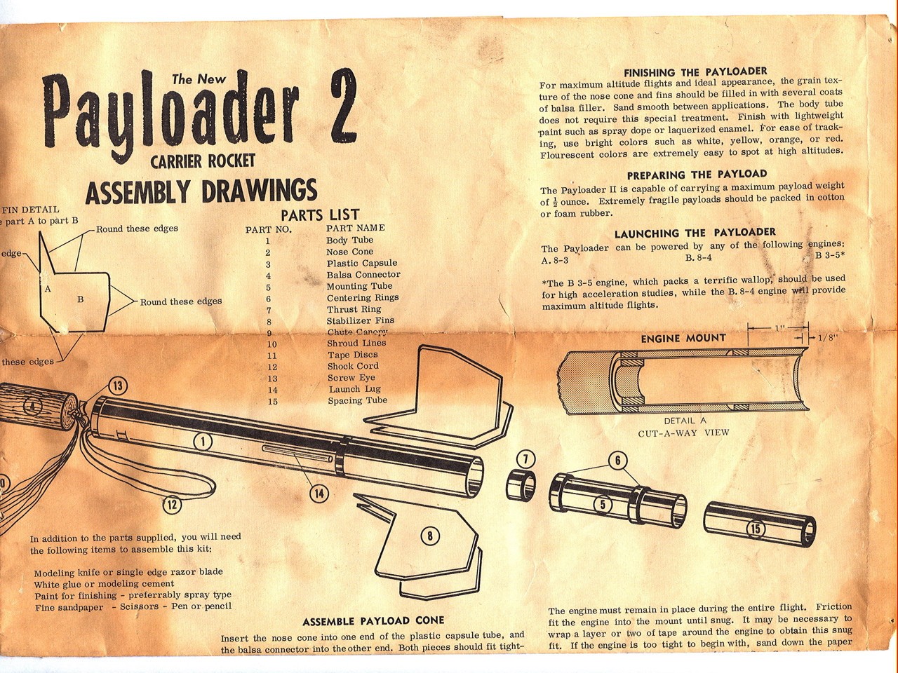 Vintage 1960s Centuri PAYLOADER 2 II Carrier Rocket MODEL ROCKET Assembly Sheet!