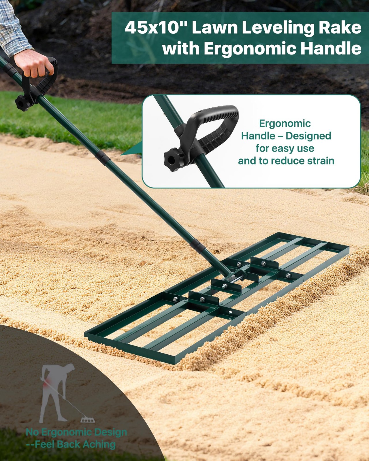 Yard Leveling Rake 45x10 Inch Soil Lawn Leveler Tool Adjustable Handle Stainless