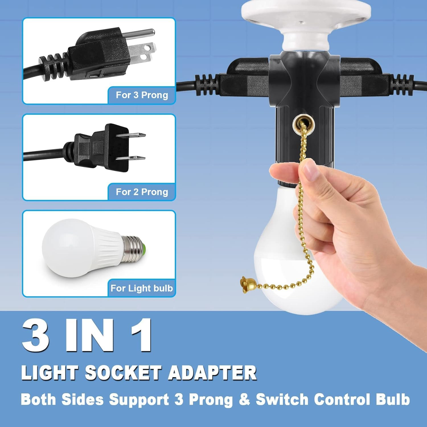 Light Socket to Plug Adapter, Both Sides Support 3 Prong Light Socket Adapter, P