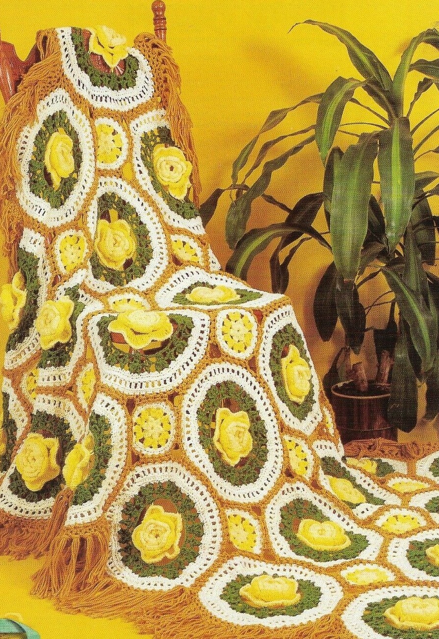 YELLOW ROSE OF TEXAS FLOWER AFGHAN HOME DECOR CROCHET PATTERN INSTRUCTIONS