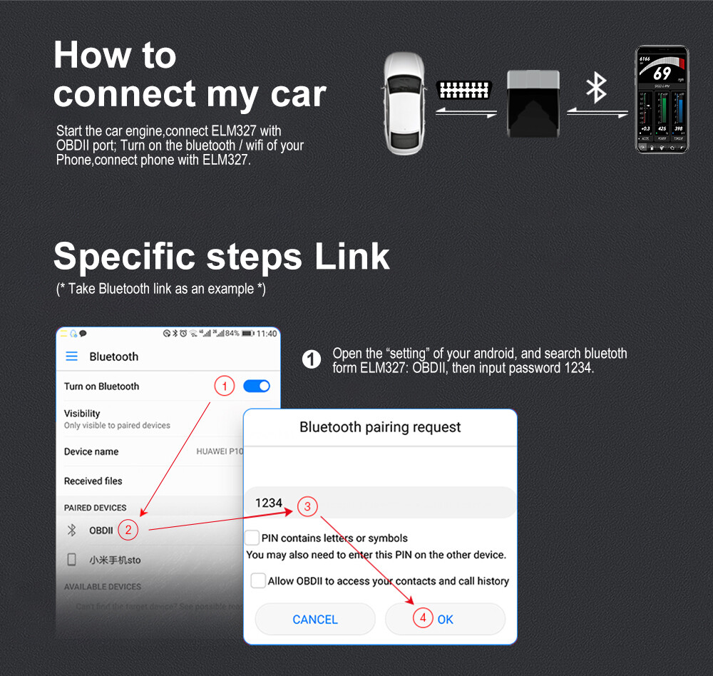 ELM327 Bluetooth OBD2 Code Reader Diagnostic Scanner Check Engine for Android