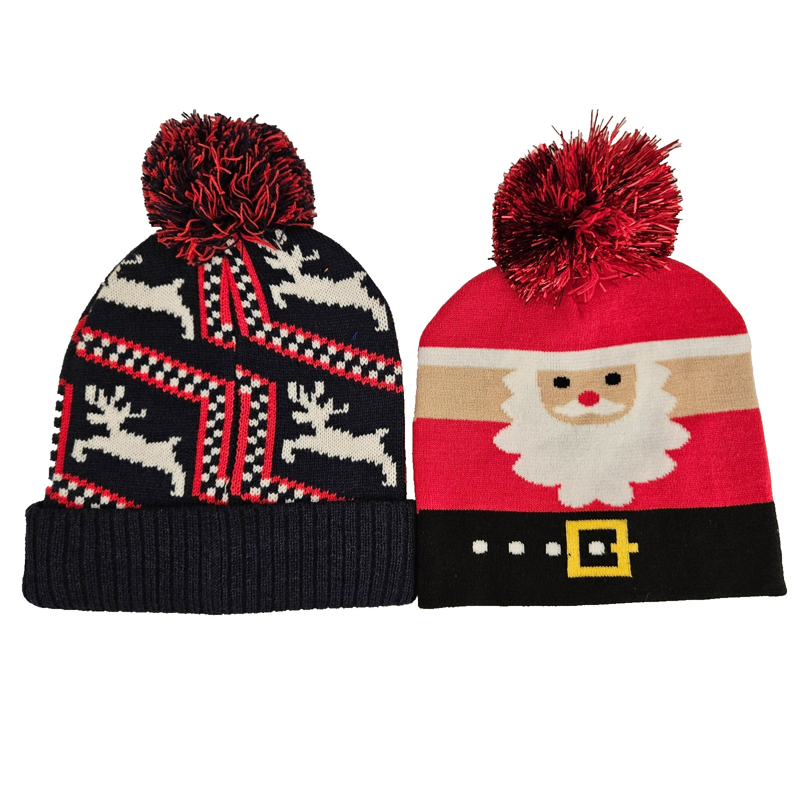 Christmas Beanie Caps Knit Holiday Toboggan Hats Santa & Reindeer One Size