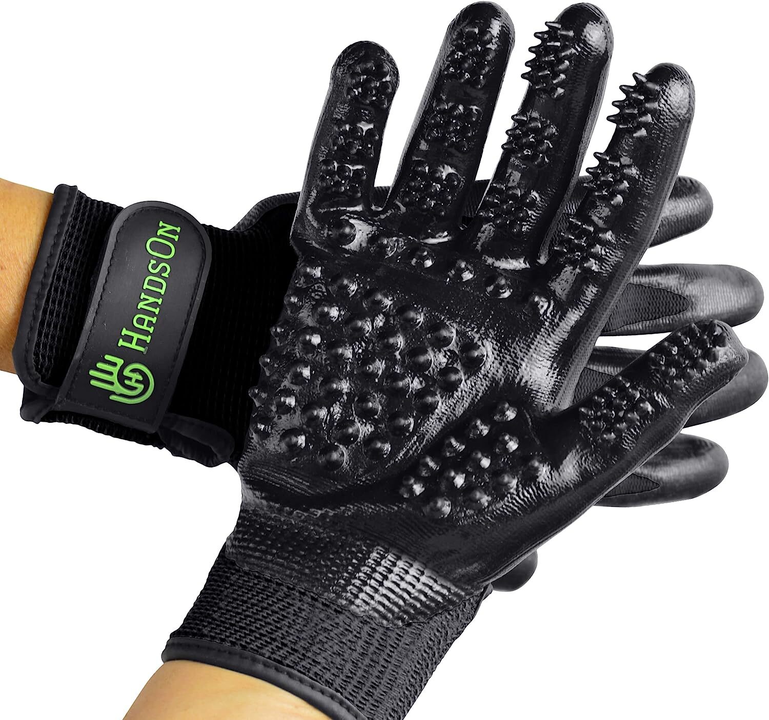 HandsOn Pet Grooming Gloves Gentle Brush for Cats, Dogs, and Horses, Black
