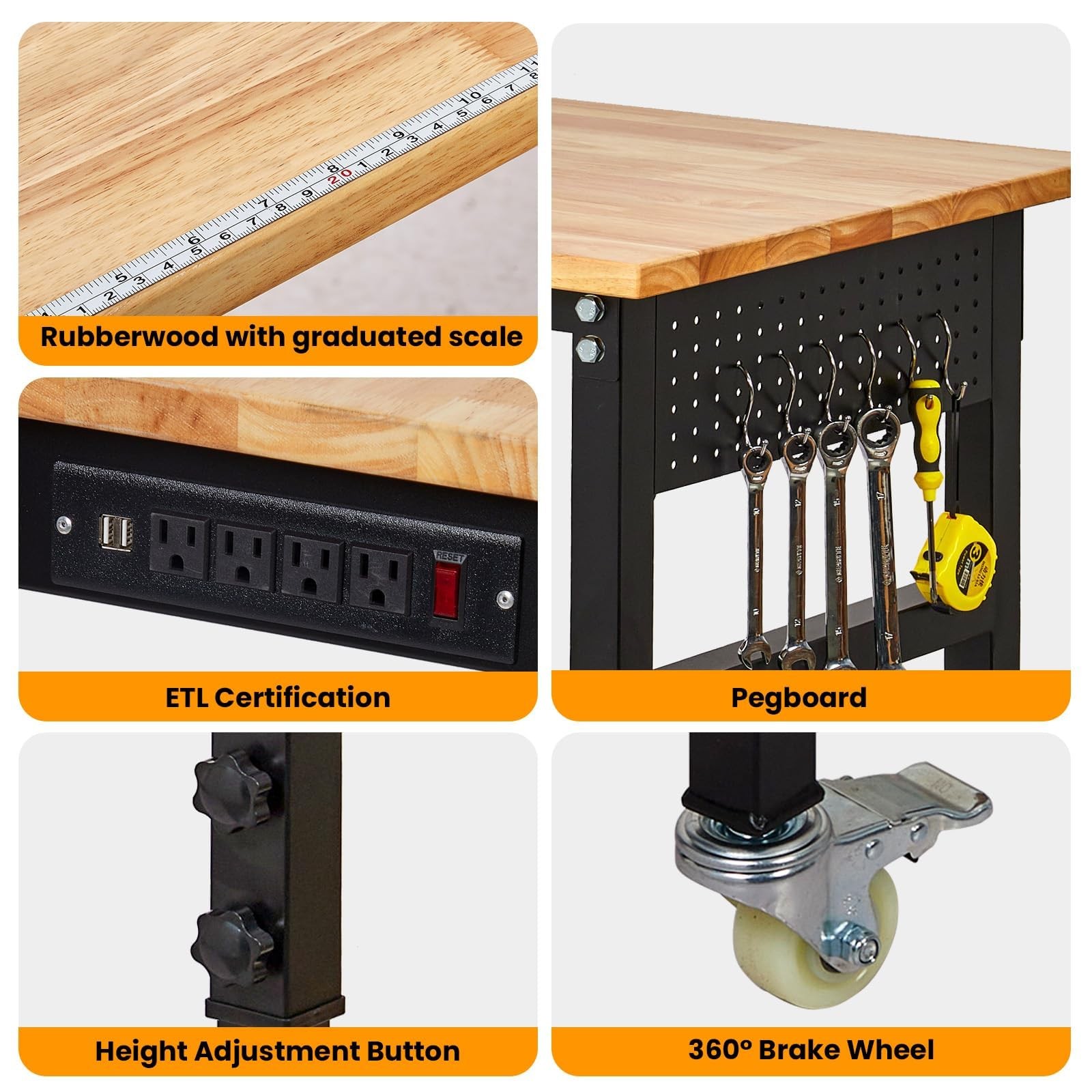 70" Adjustable Workbench Garage Work Table w/ Power Outlet, Wheels & Pegboard