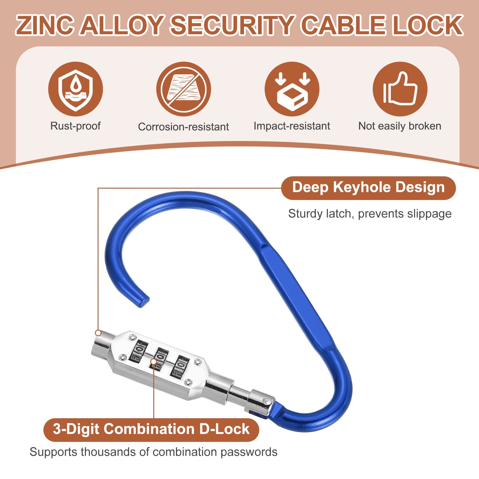 2 Pcs 4.8" x 2.4" D-Shaped 3-Digit Code Combination Lock D-Ring Clip, Blue