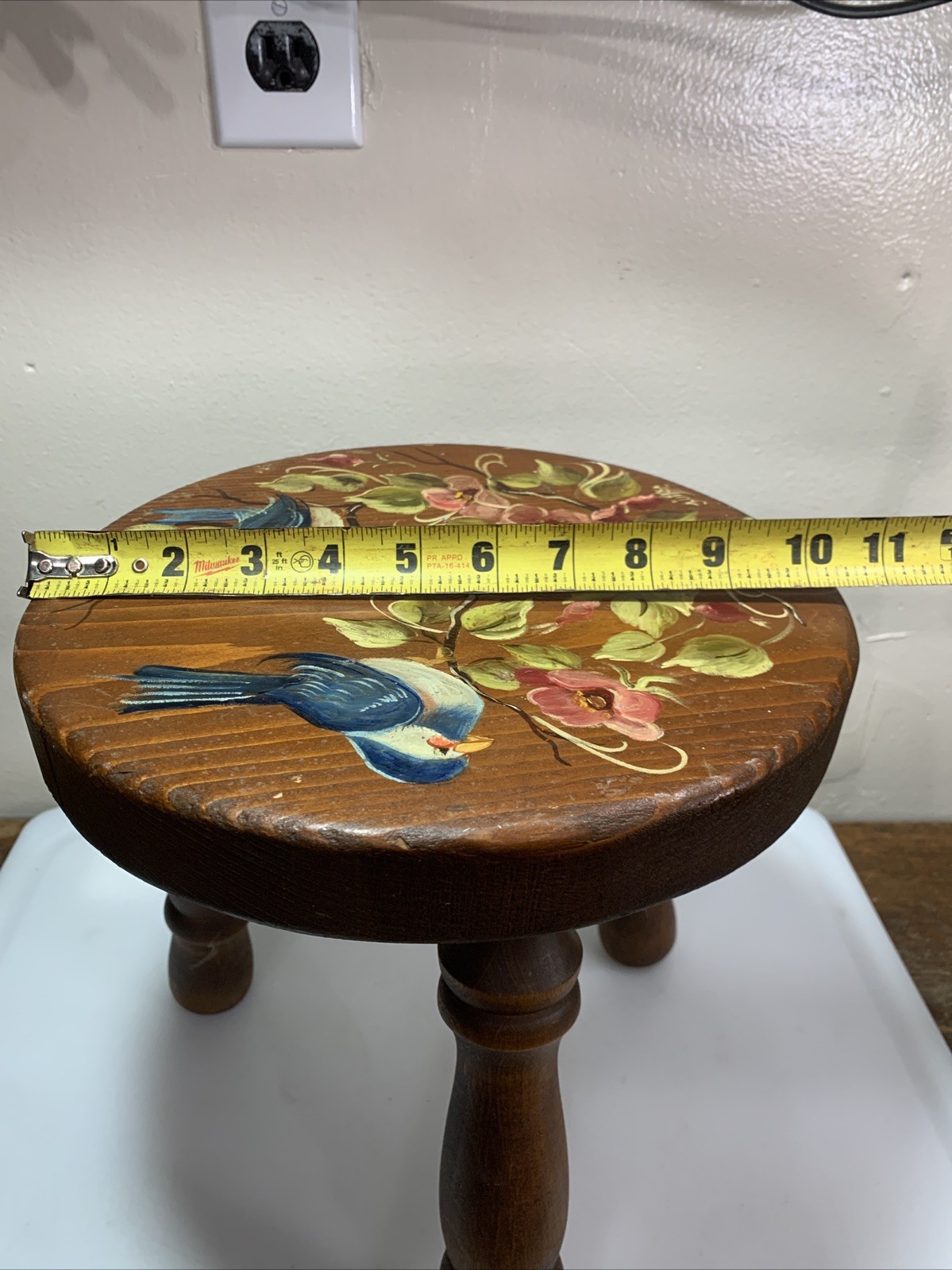 Vintage Handcrafted Hand Painted Wooden Round Top 3 Legged Stool Decorative