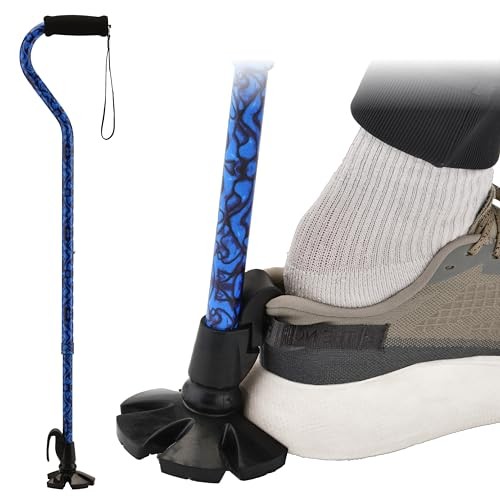 Shoe Horn Offset Cane, 2-in-1 Shoe Helper & Walking Aid, Self Blue Waves