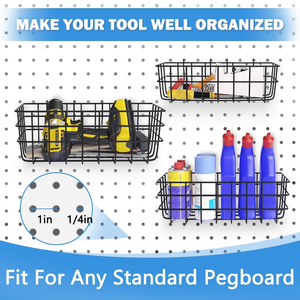 4 PCS Pegboard Baskets Bins Set Accessories Garage Storage Wall Organizer Square