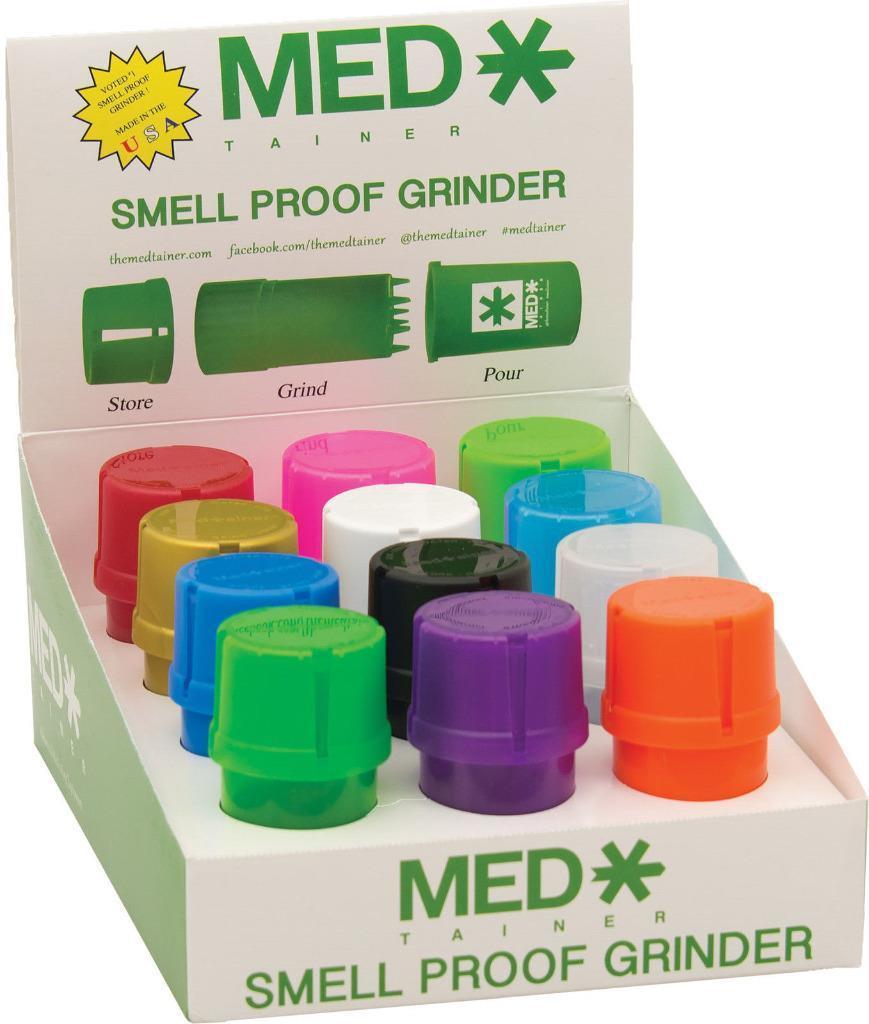NEW 12CT MEDTAINER STORAGE CONTAINER W/ BUILT IN GRINDER SMELL PROOF ASST COLORS