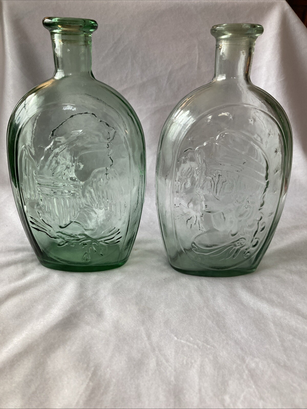 Set Of 2 Vintage Green Eagle/ Lady Liberty Decanter Whiskey Bottle
