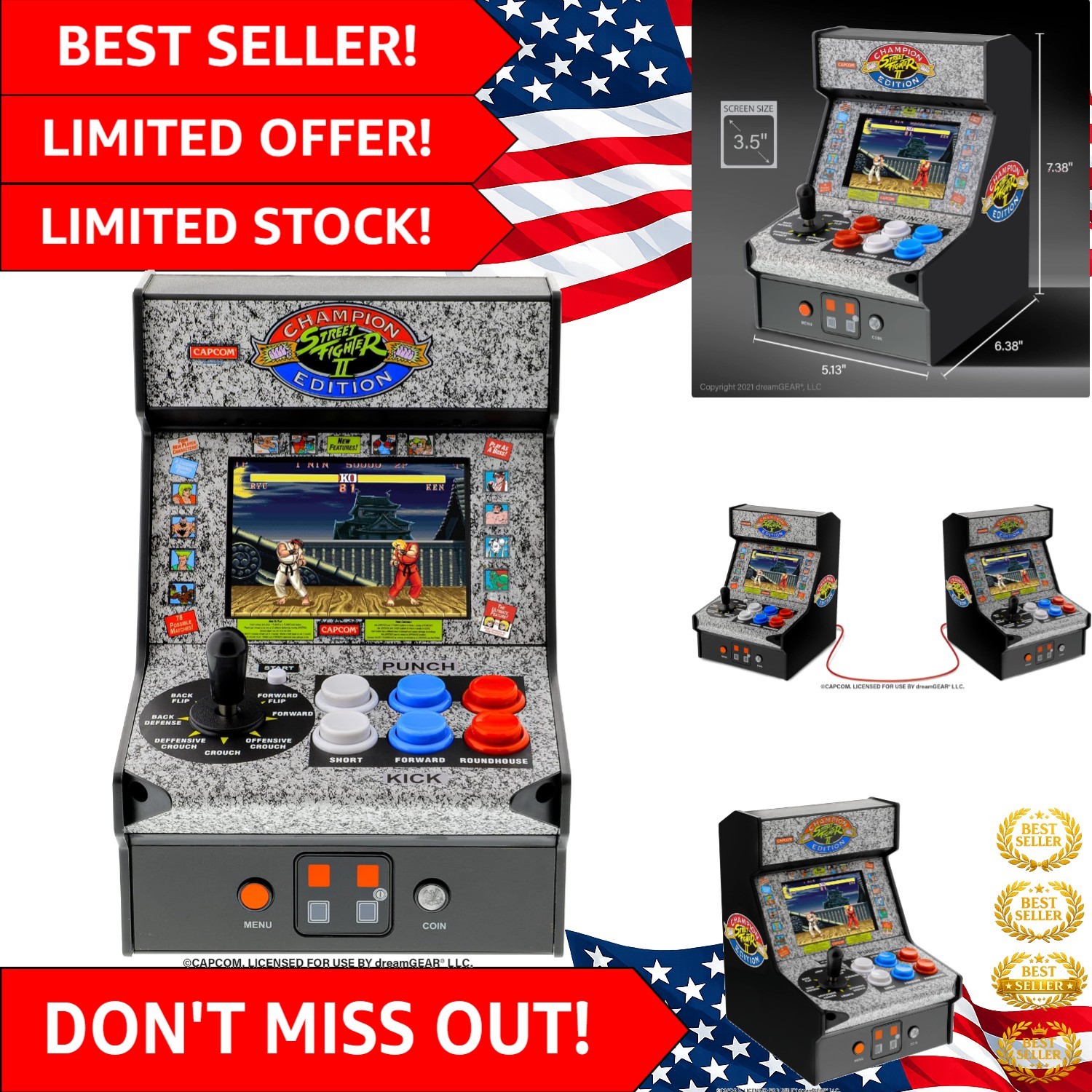 Retro Street Fighter II Mini Arcade Machine - LCD Display and Joystick Control