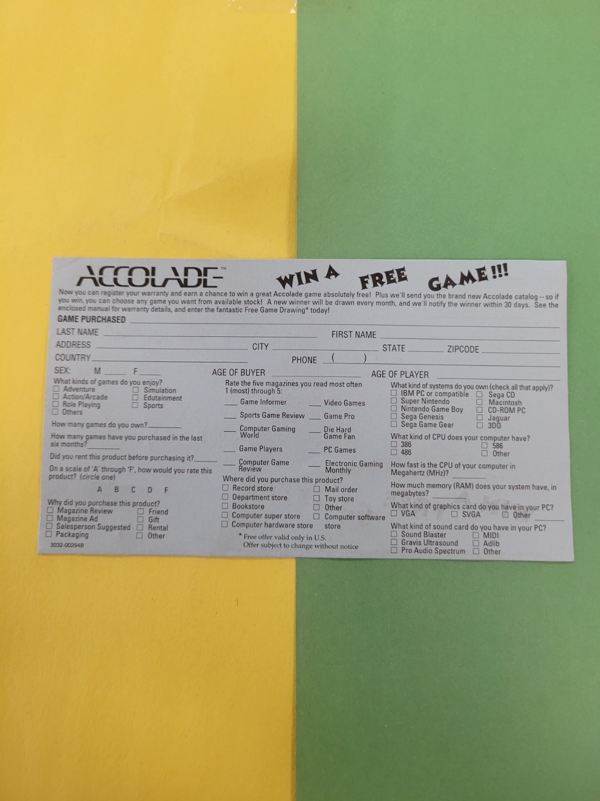 Accolade Sega Registration Card Insert